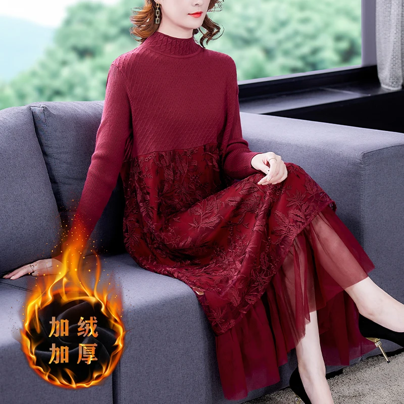 2023 New Fashion Knitted Mesh Dress Women's Autumn and Winter Vintage Half High Neck Long Sleeve Loose Fit Sweater Dress Vestido