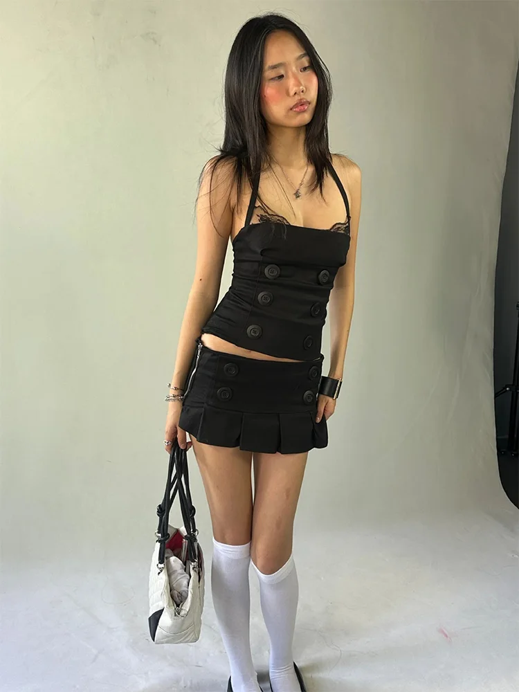 Summer Women's Y2K Black Cami Vest Double Breasted Crop Top Lace Splice Slim Fit Tank Top Sexy Streetwear
