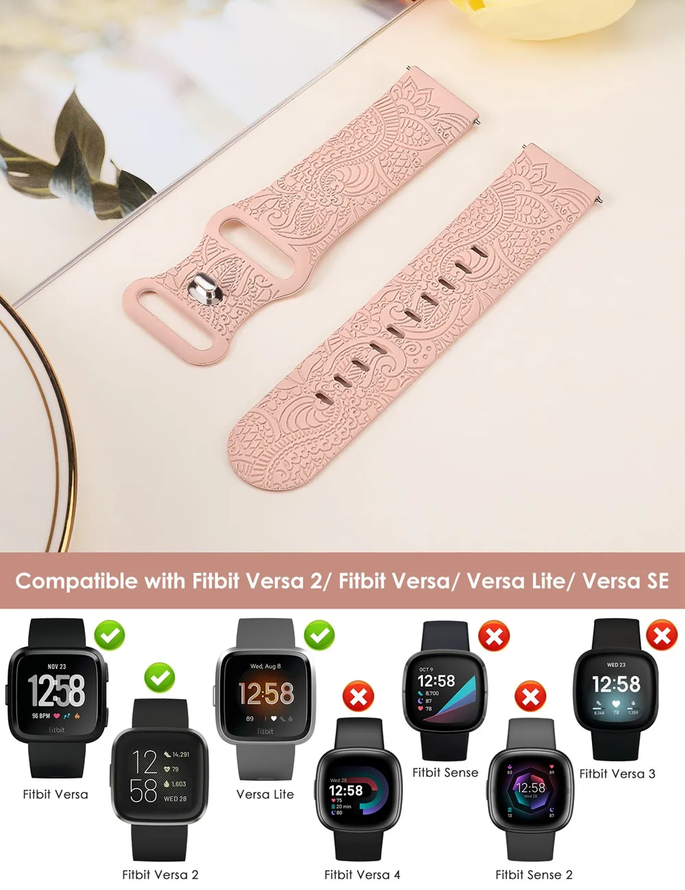 Banda gravada floral wearlizer para homens e mulheres, pulseira esportiva de silicone para Fitbit Versa 2, Versa Lite, extravagante, fofa