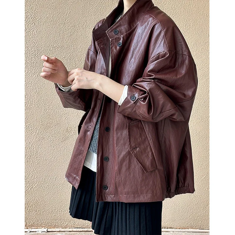 Chaqueta de cuero Pu con cuello levantado para mujer, abrigo suelto de imitación de cuero, abrigos rojos Vintage de una sola botonadura