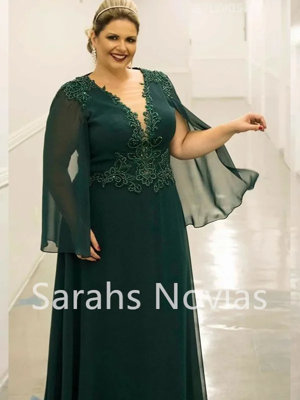 Plus Size Green Chiffon Long Mother of the Bride Dresses V Neck Beaded Lace  Women Formal Evening Party Gowns For Wed