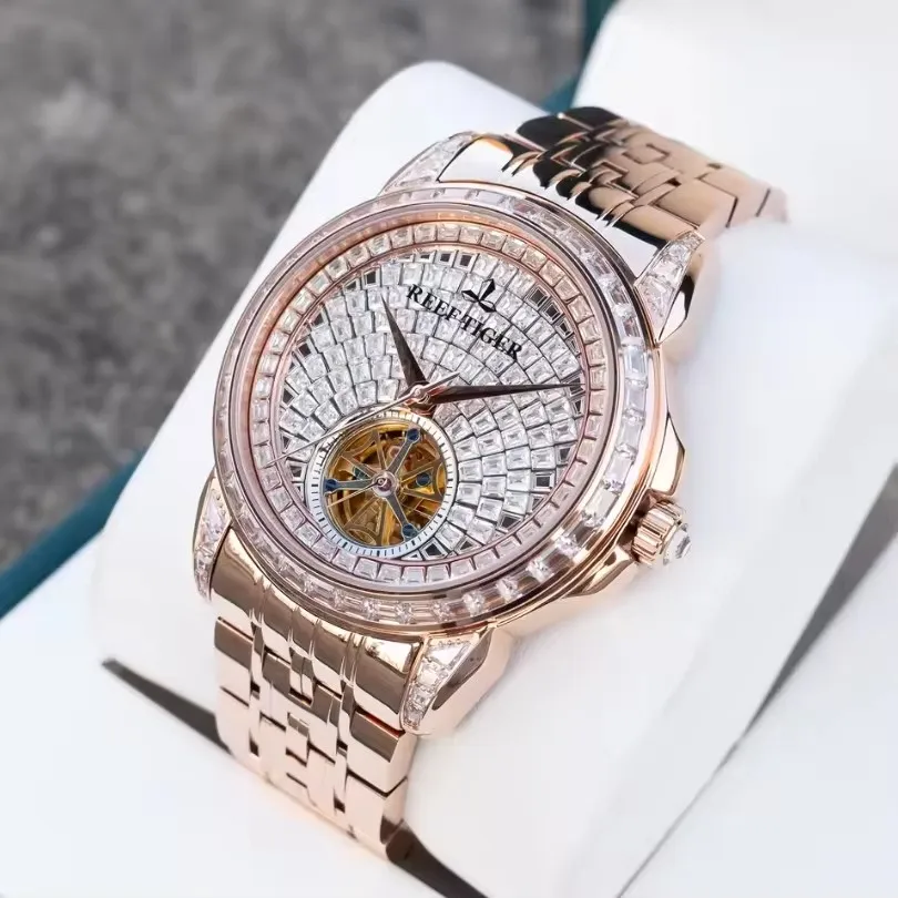 Reef Tiger Men's Luxury Watch High-End Diamond Tourbillon Automatic Mechanical Rose Gold Automatic Men's Watch