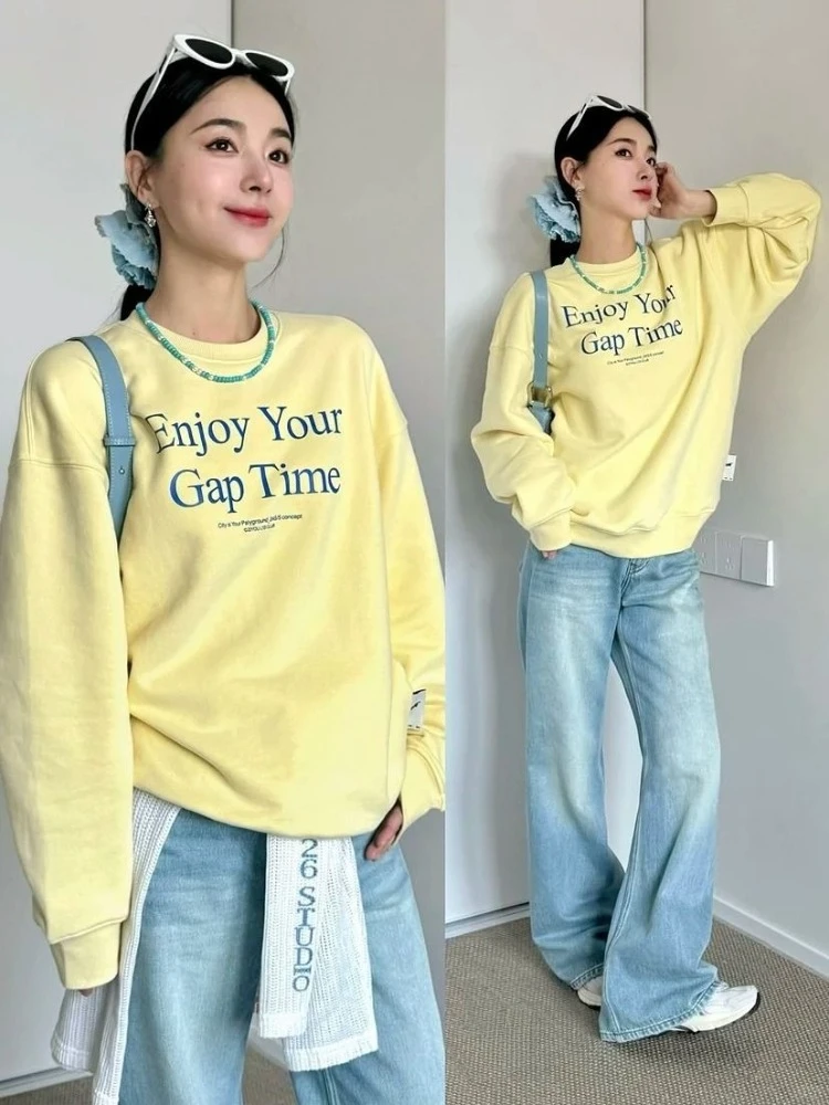 Deeptown Korean Style Letter Sweatshirt Women Sweet Vintage Butter Yellow Hoodies Casual Oversize Street Long Sleeve Pullover