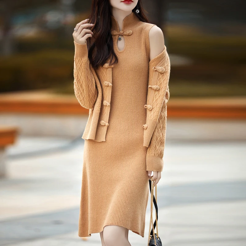 

Autumn And Winter Fashion 100% Pure Wool Women'S Set With Chinese-Style Buttoned Cardigan Jacket And Vest Dress Two-Piece Set