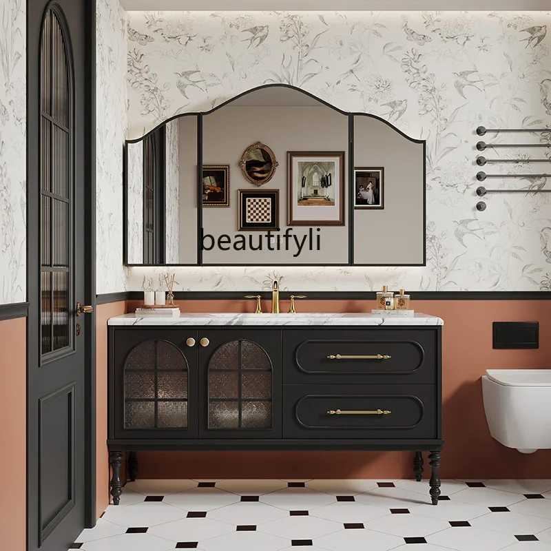 y French retro floor-to-ceiling bathroom cabinet combination luxury stone rock slab integrated washbasin