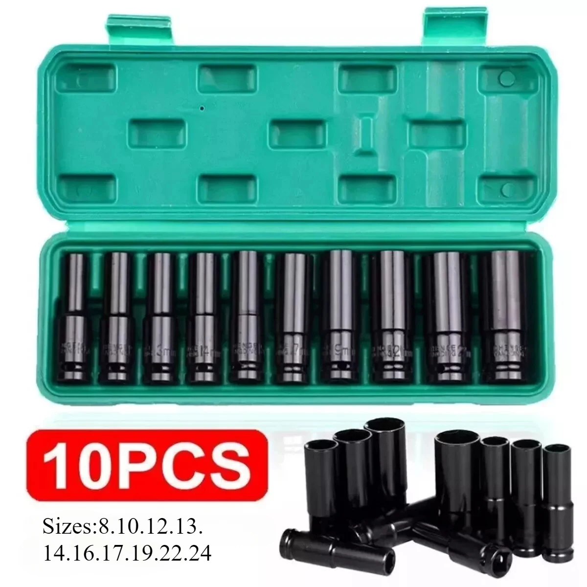 

Набор ударных головок с 6-точечным приводом 1/2 дюйма, 10 предметов, метрические размеры, набор ударных головок из углеродистой стали 10-24 мм с жесткой коробкой для хранения