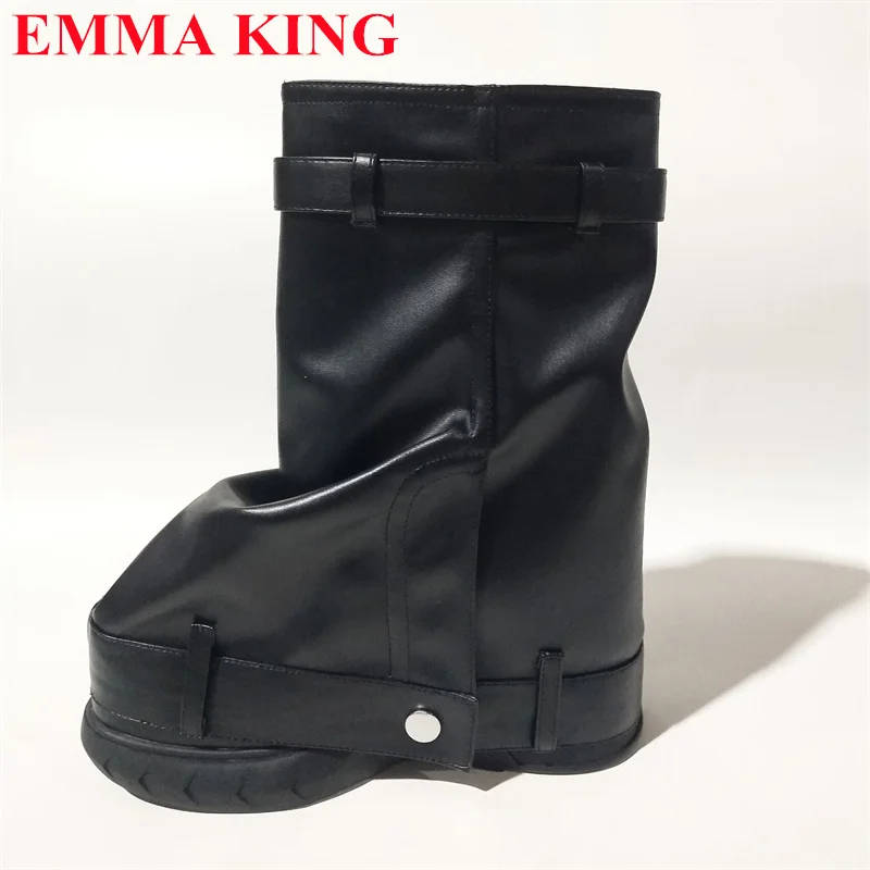 Women's New Ankle Boots Shark Lock Thick Soled High-heeled Boots Designer Luxury Brand Women's Round Toe Wedges Belt Short Boots