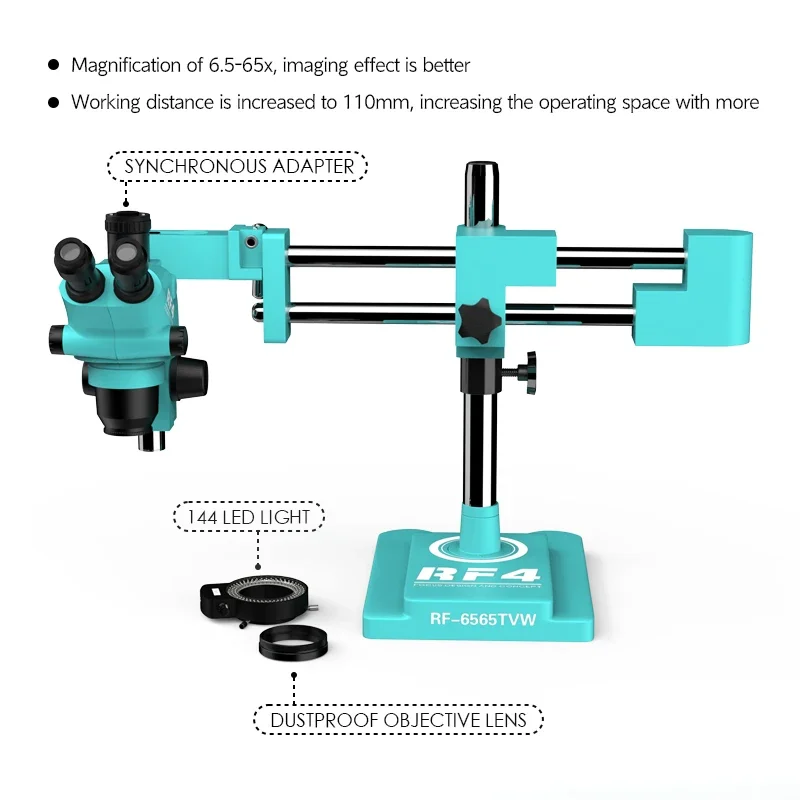 Microscope trinoculaire 6.5-65X, mise au point RF4, conception et concept, dernière version évitée, support à double bras RF6565TVW