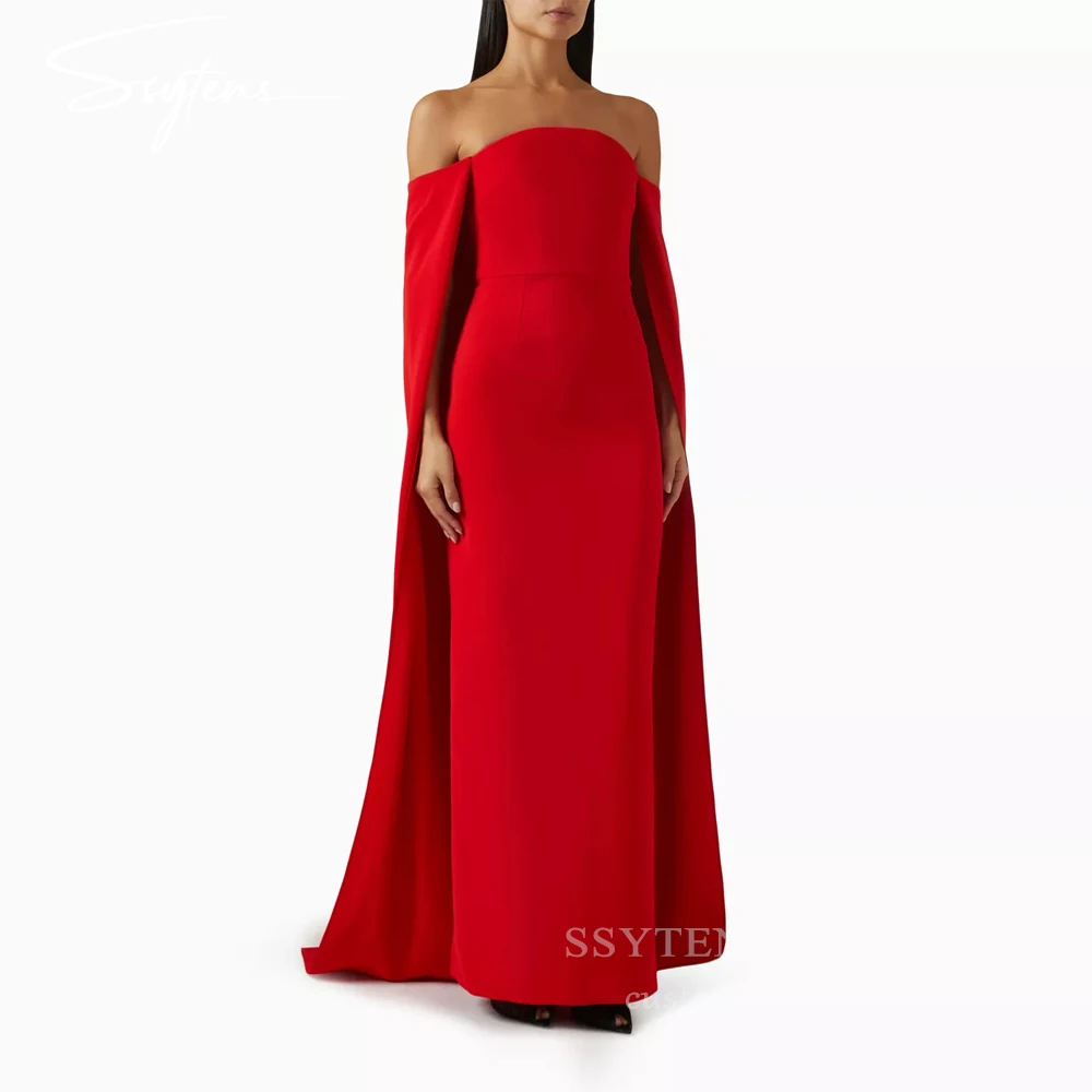 

SSYTENS Elegant Red Evening Dresses Shawl Saudi Arabric Off Shoulder Prom Dresses Long Formal Occasion Party Gowns Customized