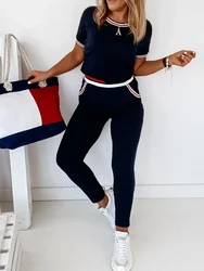 Contrast Binding Short Sleeve 2022 Top & Pockets Design Pants Sets Casual Workout Women Two Piece Sets