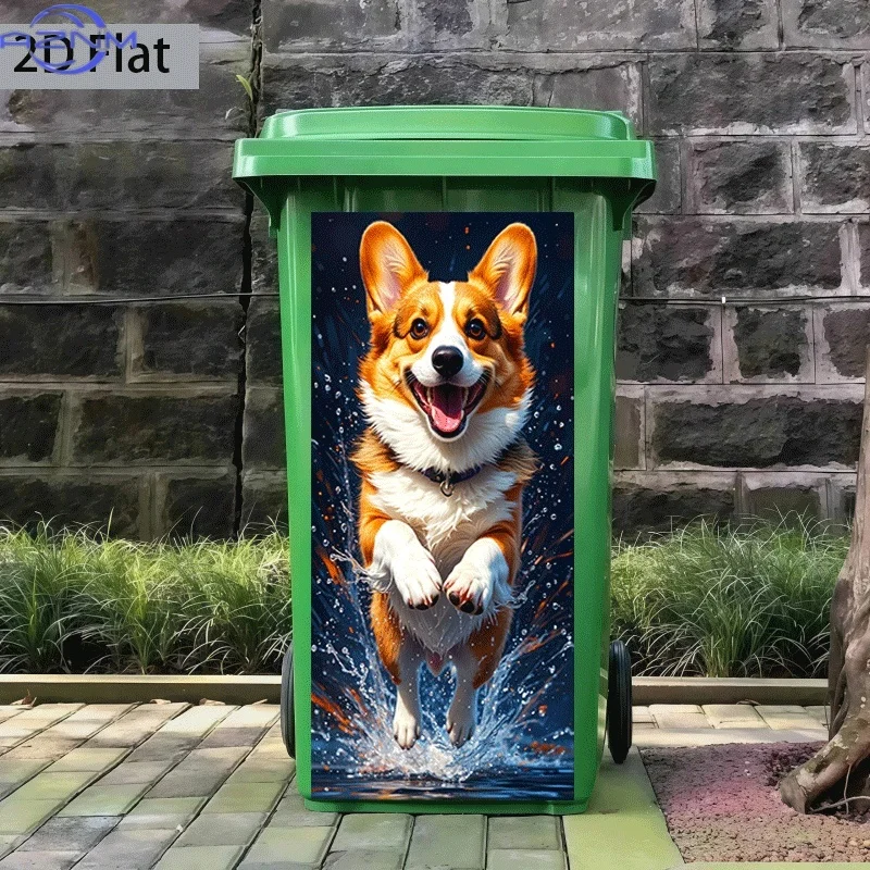 2D Flat Printing 1pc Trash Can Sticker  Corgi Surfing Theme Design Self-Adhesive Wall Decal Wallpaper Kitchen Trash Can Decora