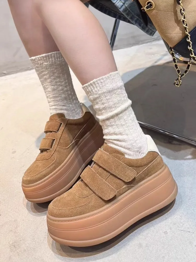 Fashion Women Thick Platform Real Leather Pumps Casual Hook Loop Joggers Sneakers Autumn Comfortable Low Cut Skateboard Shoes
