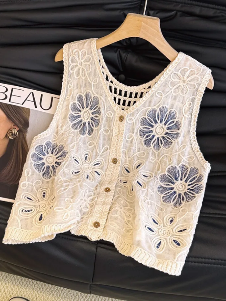 

Embroidered Hollow out Knitted Vest Women's Summer Layering Open Cardigan ort Top V-ne Self-retaining Sle Recommendations