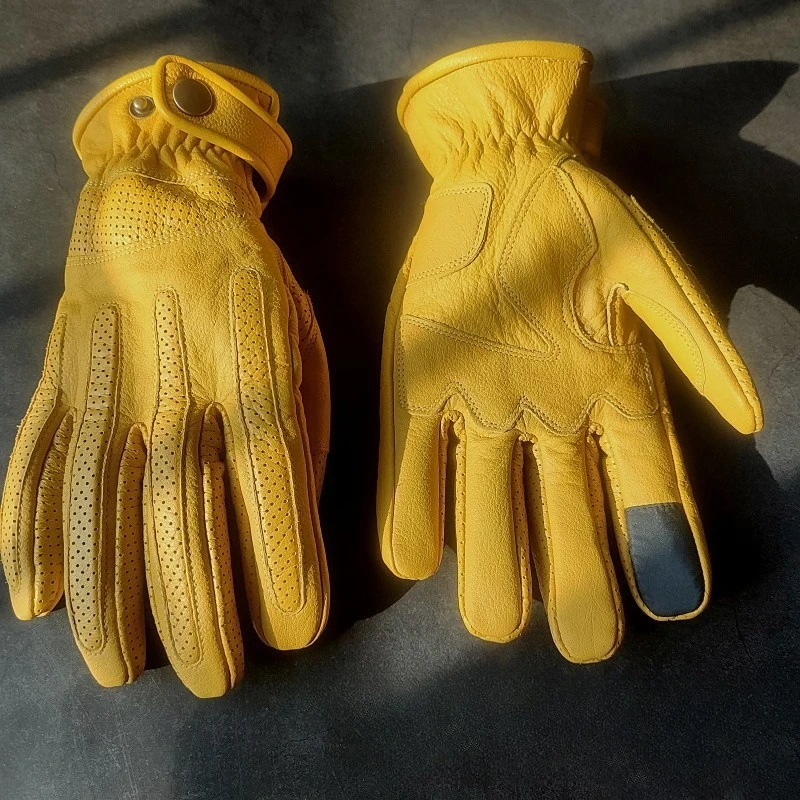 First Layer Cowhide Men's Motorcycle Gloves Retro Four-season Leather Thin Breathable Knight Outdoor Riding Protection