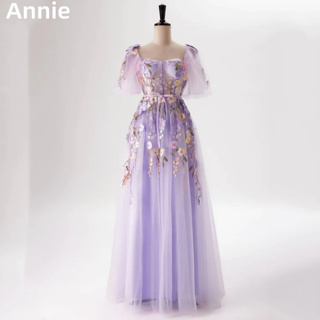 Annie Sweet Purple Prom Dresses 3D Embroidery Flowers Dress 2024 Vestidos De Fiesta A-shaped Corset Graduation Party Dresses