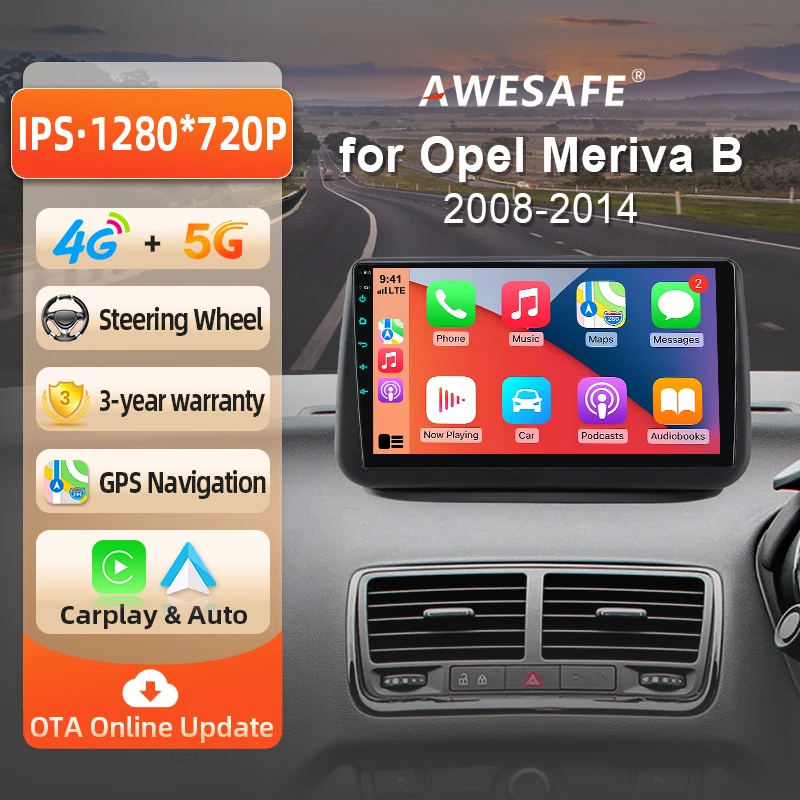 AWESAFE Radio Android de 9 pulgadas para Opel Meriva B 2010-2017, CarPlay inalámbrico y Android Auto, navegación GPS, soporte multimedia, control del volante, amplificador de subwoofer, cámara trasera con CAN-BUS, Plug and Play, DAB+, autoradio digital, radio de coche 2 DIN, estéreo RDS