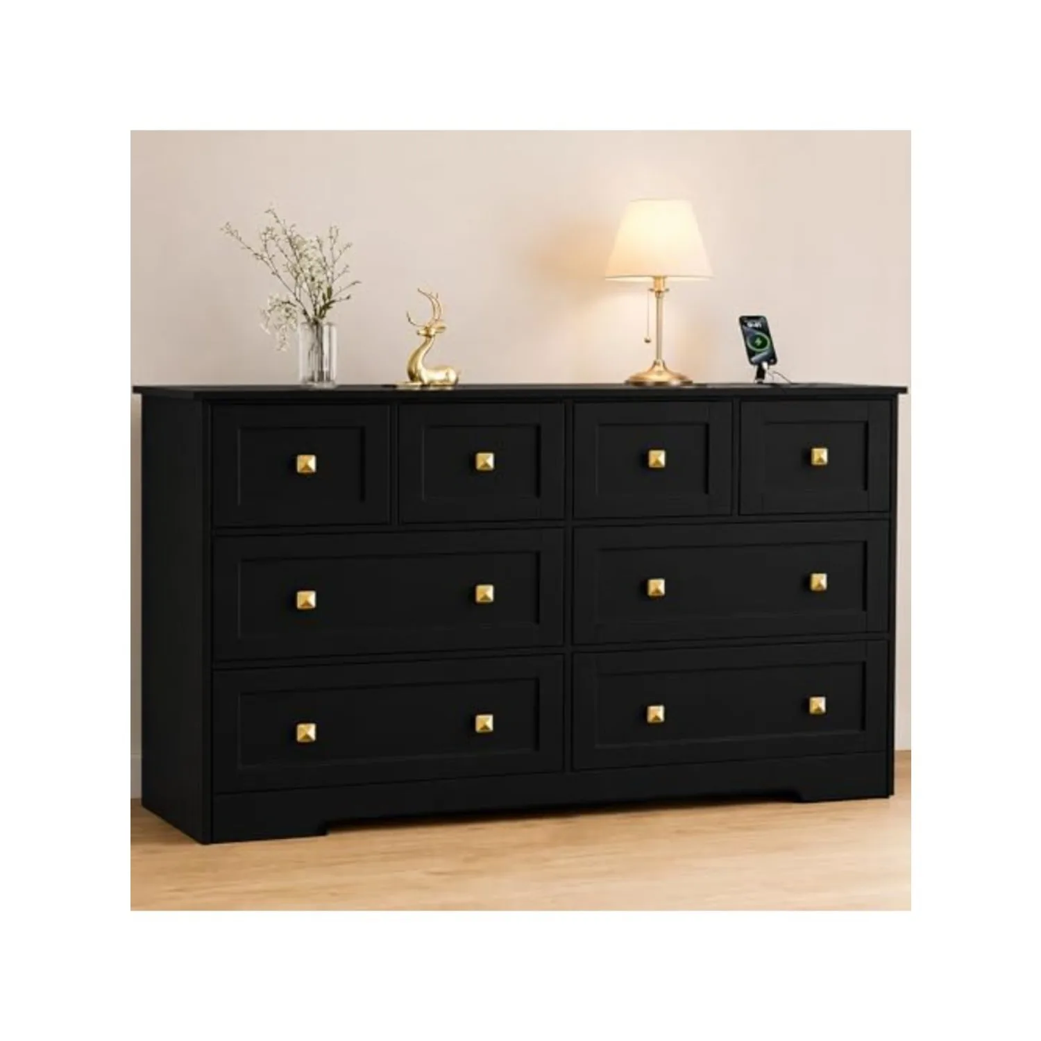 Black Dresser for Bedroom with Power Outlets Wide Wooden Dresser with 8 Drawer and Metal Handle Large Clothing Storage