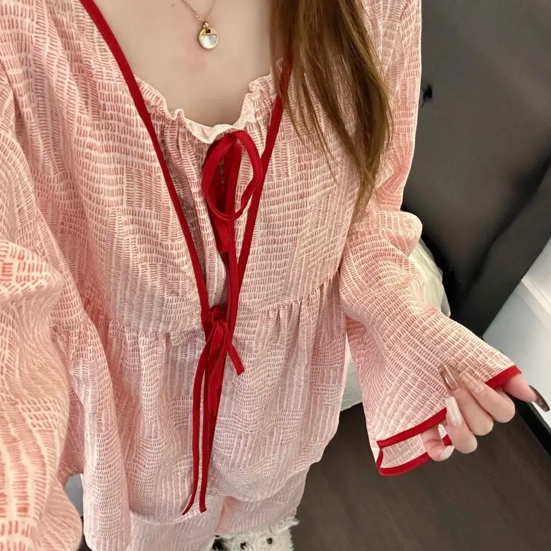 New Women's Pajamas for Spring and Autumn, Sweet Color-Blocking, Loose Thin Camisole and Long-Sleeve Three-Piece Homewear Set