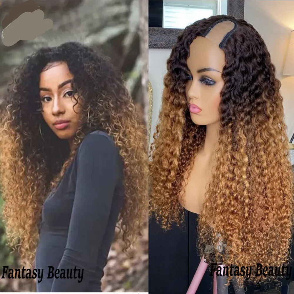 Ombre Honey Blonde 1x4 Size V Part Wigs Afo Kinky Curly Black Women Human Hair Wigs Natural Look Glueless U Part Wigs