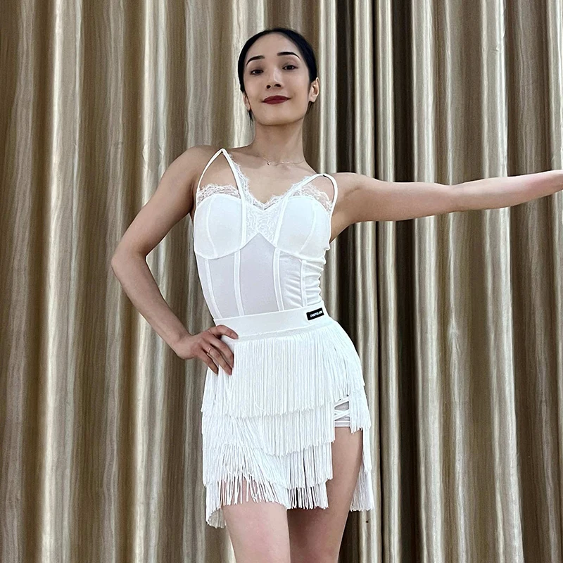White Latin Dance Clothes Suspender Bodsyuit Tassel Skirt Women Rumba Cha Cha Samba Dance Practice Wear Competition Dress L16856