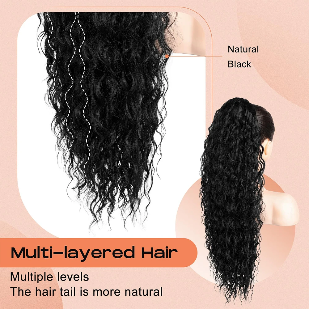 36 inch Drawstring Ponytail Extension Synthetic Black Long Lightweight Full Natural Curly Fake Tail Multi Layered Hairpiece