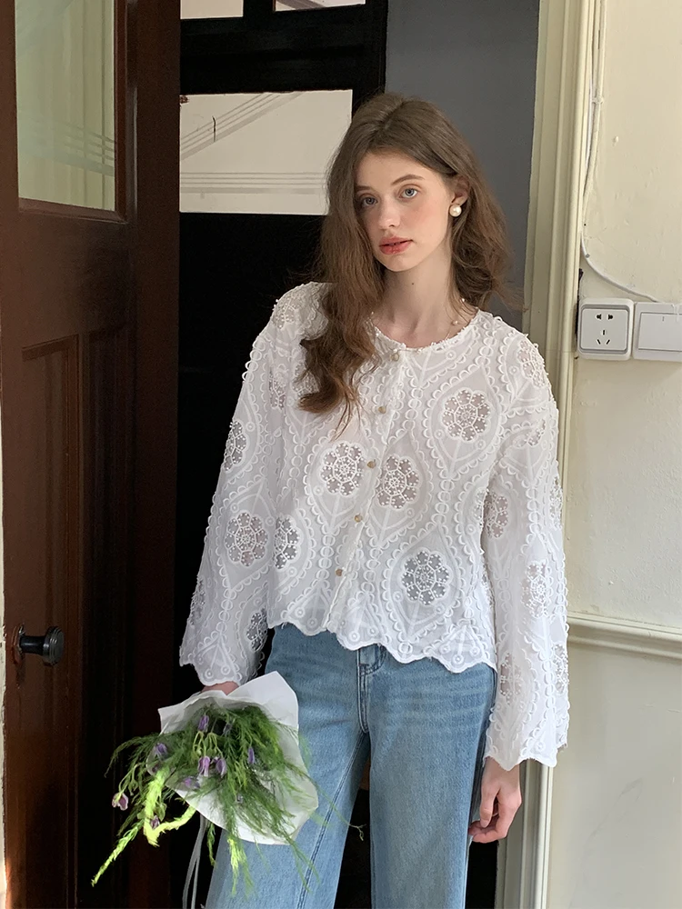 

Premium Embroidered Long Sve Lace irt Early Autumn Outerwear Women's Sle Loose Fit New Model Commute Sle Cotton 00%