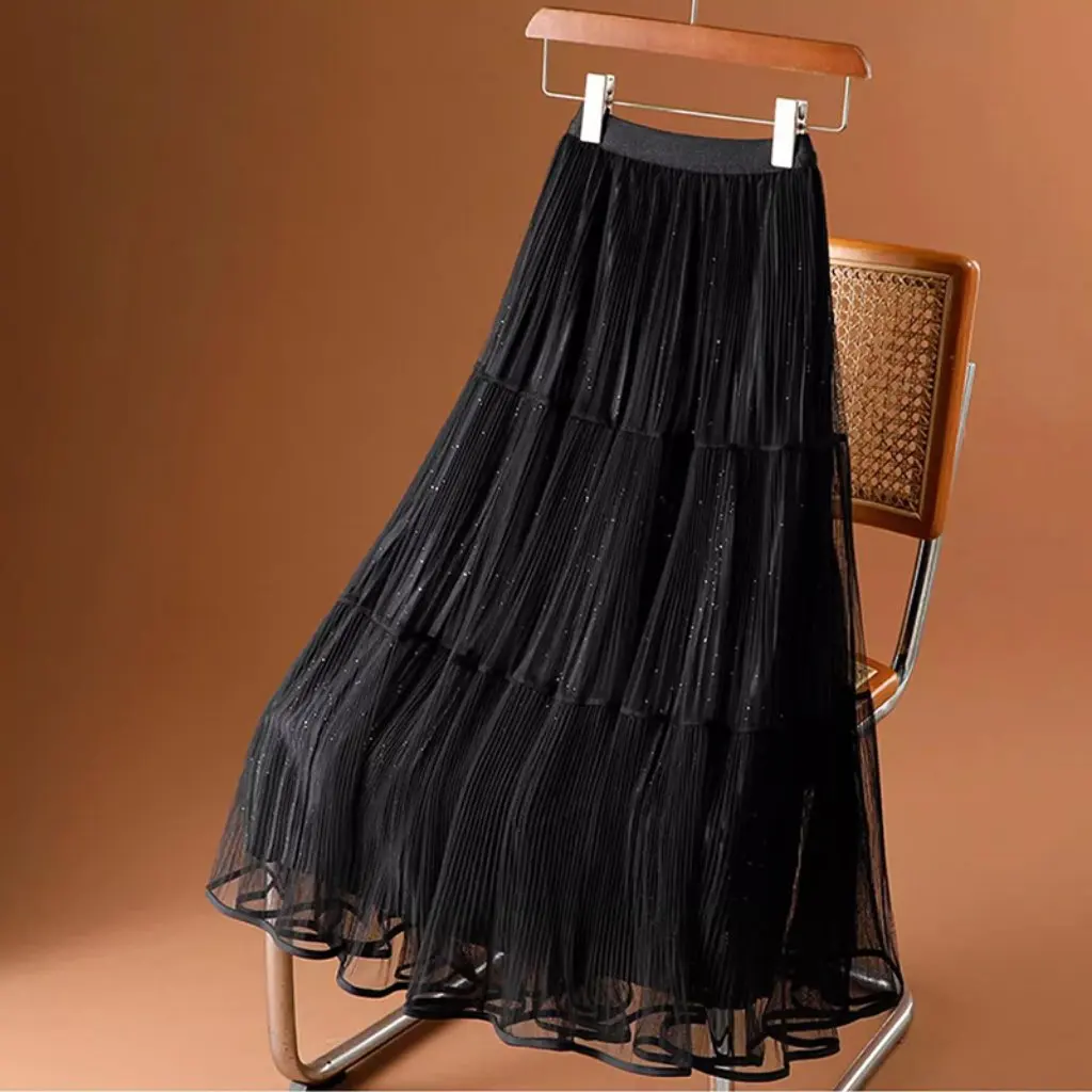 

Women's plus Size Sequin Sparkling Mesh Skirt Mid-Length A-Line Fairy Pleated Cake Skirt for Spring And Summer