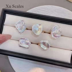 Good Quality Big Baroque Natural Freshwater Pearl Aurora Colorful Petal Ring 14k Gold Adjustable Fashion Personality Ins Style