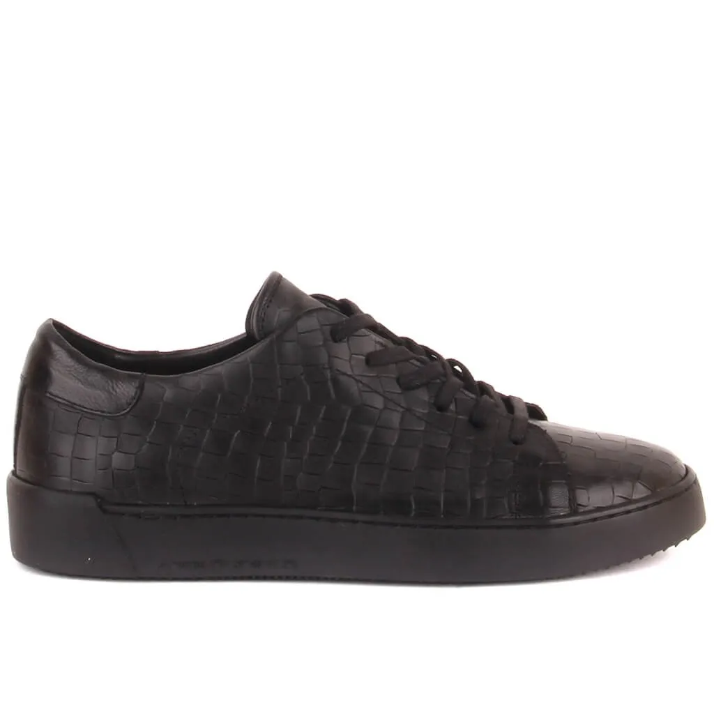 Sail-Lakers Black Leather Croco Pattern, Lace-Up Men Sneaker