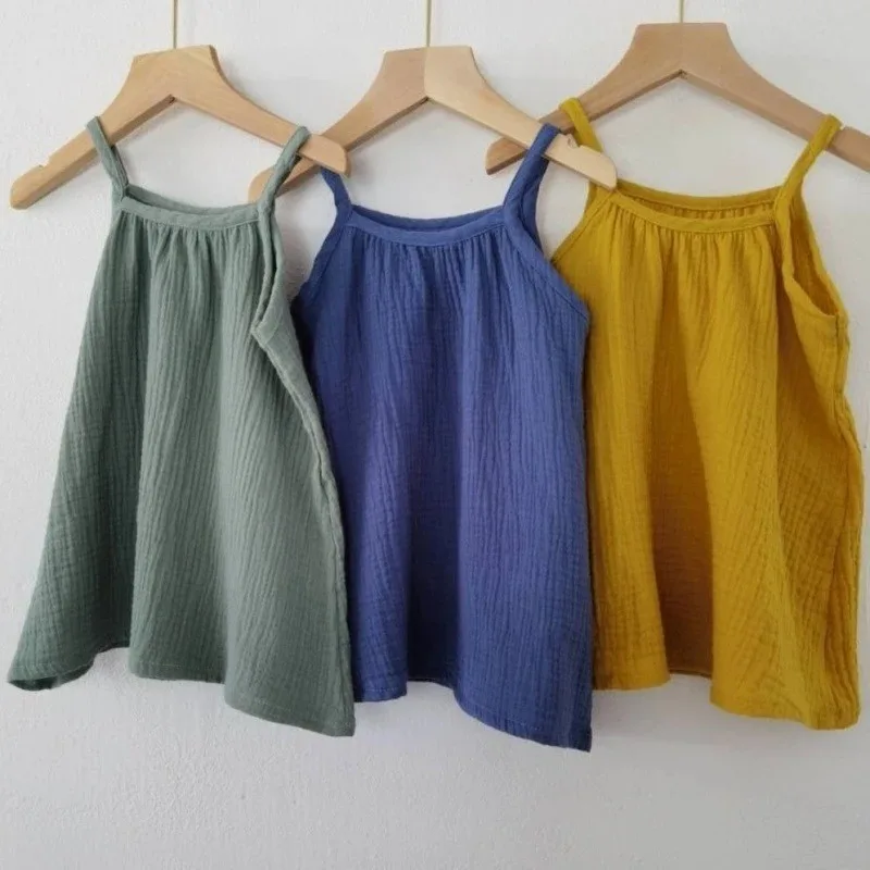 0-12M Baby Girls Summer Cotton Muslin Suspender Dress Solid Color Sleeveless Loose Casual Princess Dress For Newborn Girls