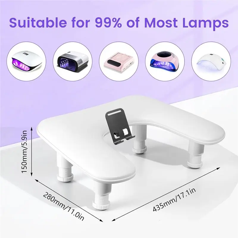 Arm Rest For Nails Tech,Manicure With U-Shaped Design, Rotating Phone Stand, And Height Adjustment White