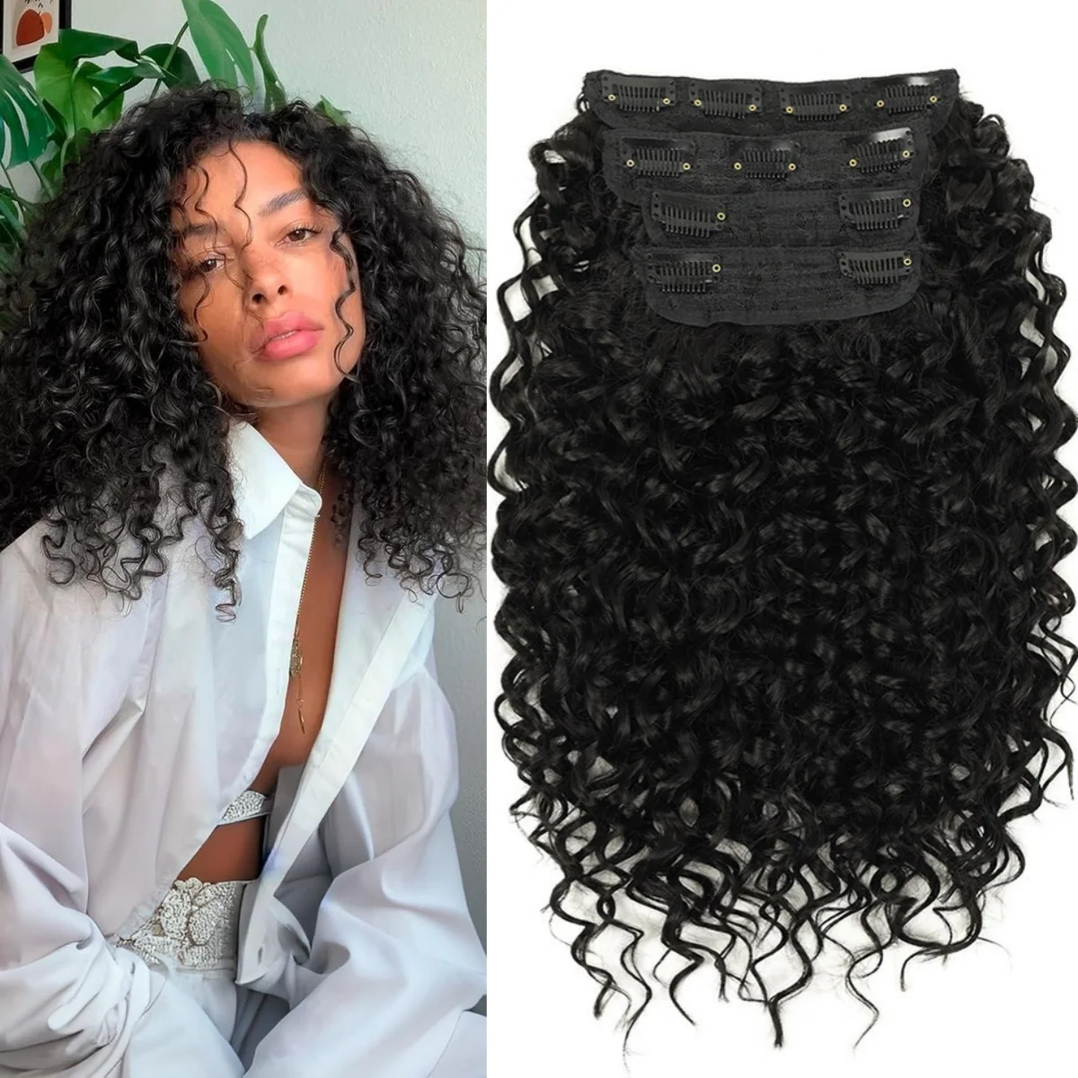 

14inch Synthetic Clip-in Short Wave Kinky Curly Hair Extensions Fluffy Black Fiber 4Pcs/Set for Women Hairpiece