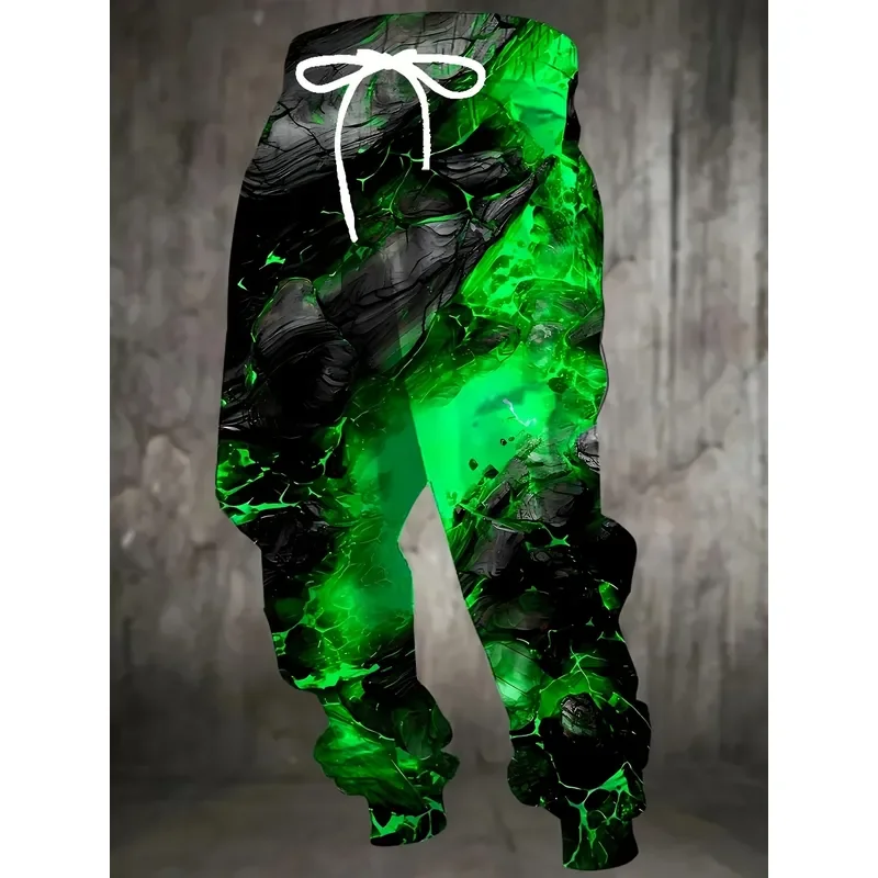 2026 Men 3D Green Flame Print Sports Trousers Drawstring Pocket Casual Comfortable Home Pajama Pants Fashion Joggers