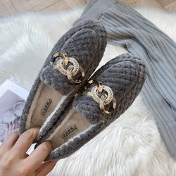 Women's Plush Flat Shoes Ladies Winter Slip on Furry Loafers Outdoor and Office Wear Fashion Chain Design Winter Warm Snow Boots