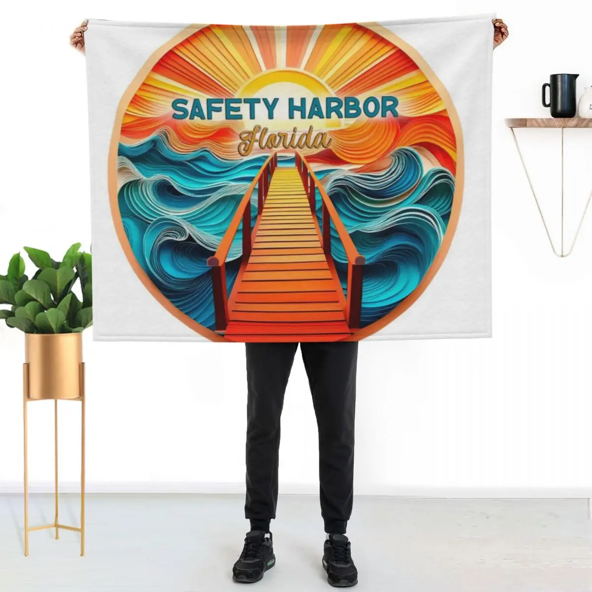 Safety Harbor Florida Retro Vintage Sunset Artwork Throw Blanket Warm Throw Blanket Gift for Anniversary