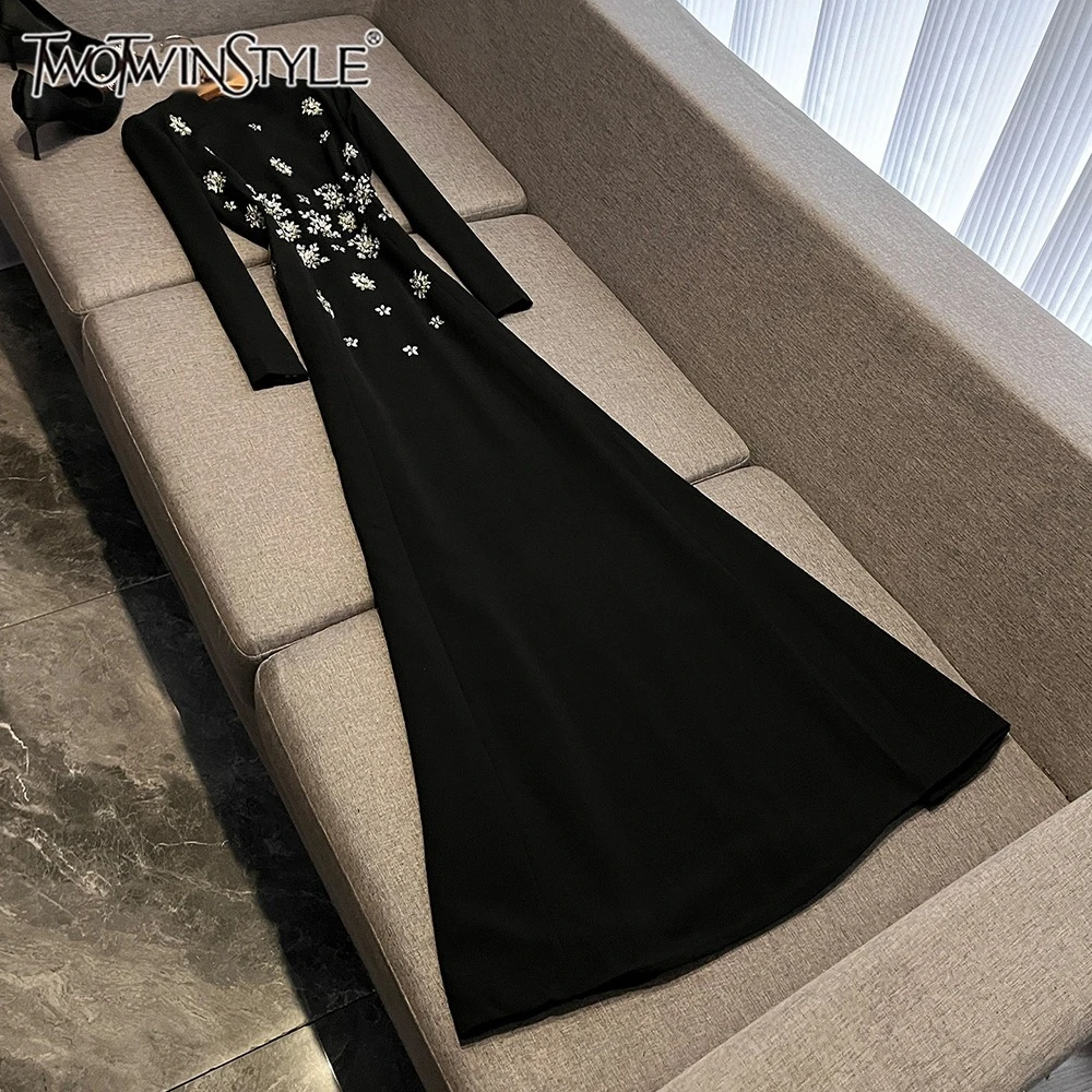 TWOTWINSTYLE Elegant Slimming Dresses For Women Round Neck Long Sleeve High Waist Gorgeous Chic Dress Female Fashion KDR527396