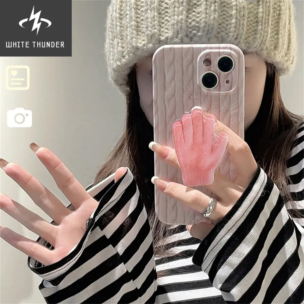 Japan Korean Pink Knitted Sweater Gloves Bracket Soft Phone Case For IPhone X XR XS Max 11 12 13 14 Pro Max Protective Back Cove