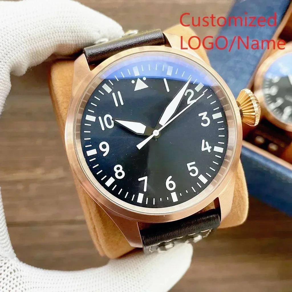 

Pilot Look Men Automatic Mechanical Timepiece Polished Stainless Steel Case Soft Brown Leather Strap Eye-catching Green Black