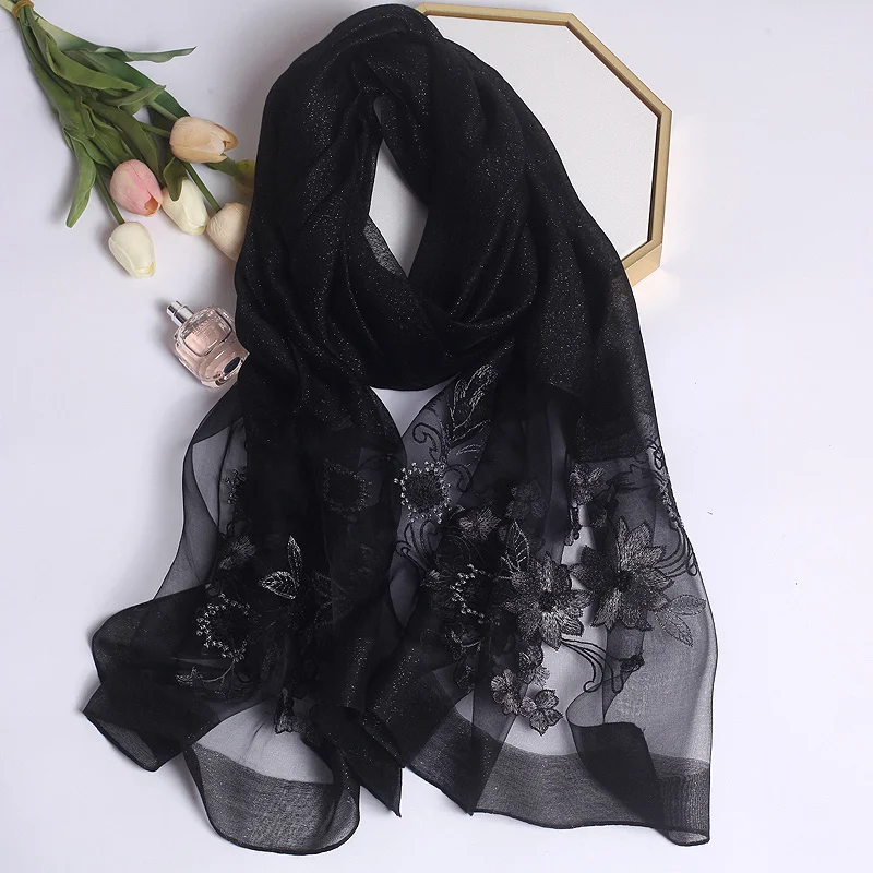 2024 New Fashion Women Cut Flowers Hollow Lace solid Silk Scarf Spring Shawls and Wraps Towel Femme Beach Sjaals