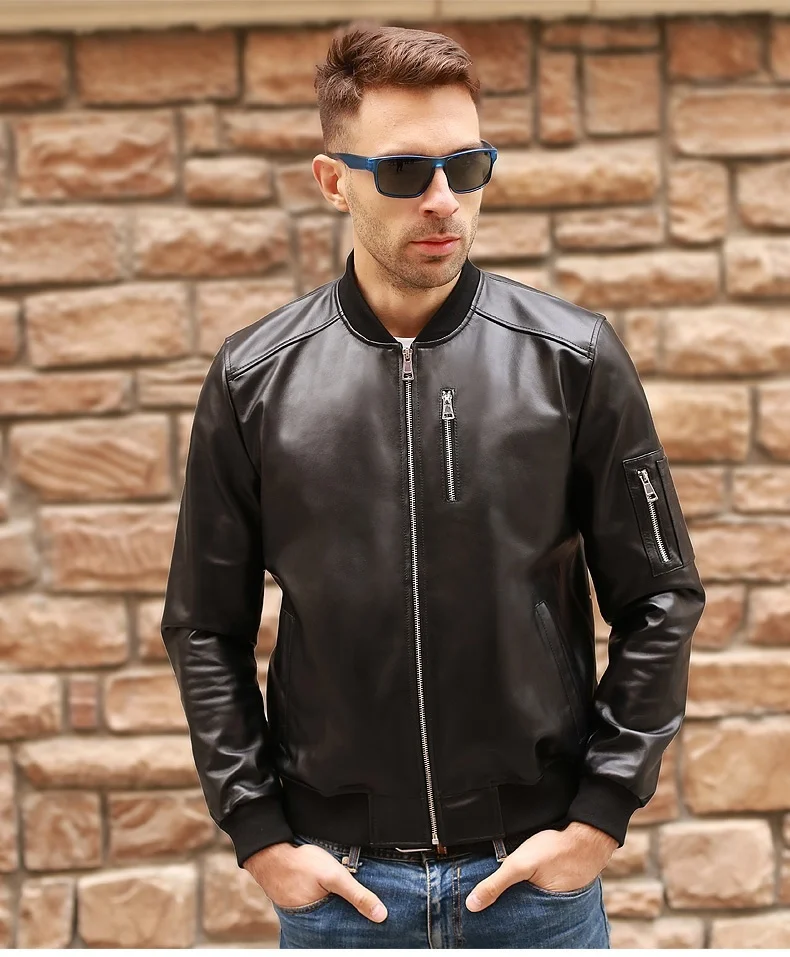 

shipping.wholesales,Soft Genuine leather Free Jacket,classic bomber leather jacket for man.black slim sheepskin coat.quality