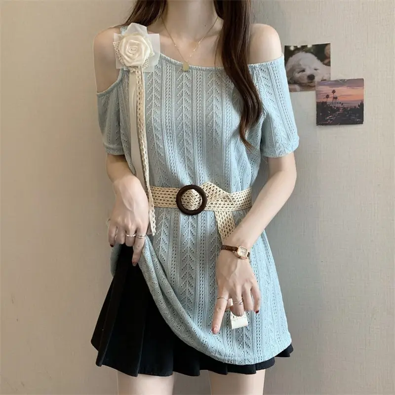 

2025 Summer New Design Off Shoulder Flower Hollow Top Women's Retro Waist Short Sleeve T-shirt