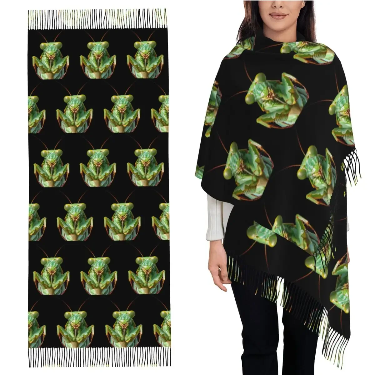 

Зеленый молящий богомол, жуткий шарф с насекомыми, шарфы с кисточками для женщин, мягкие теплые шали и накидки, длинная осенне-зимняя шаль