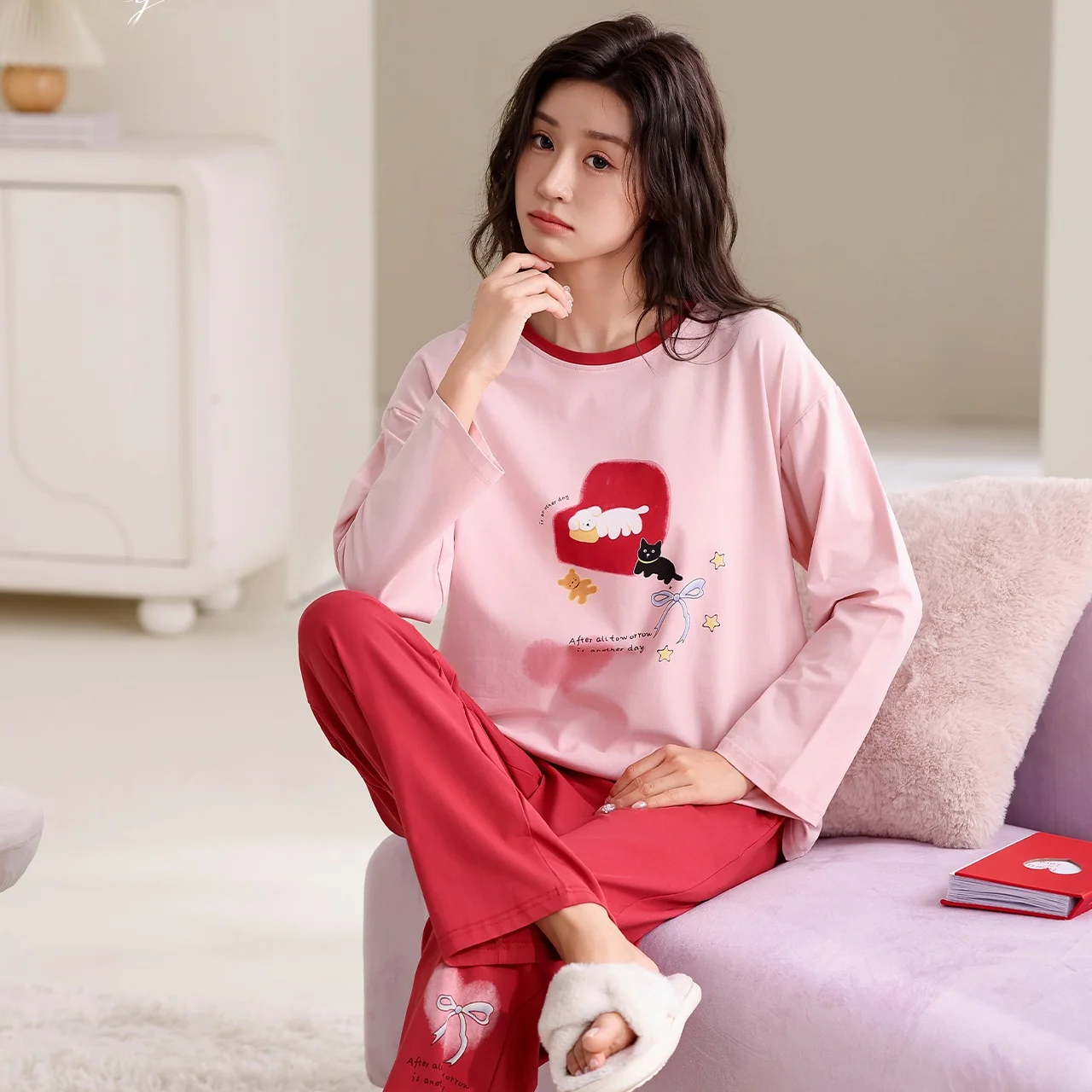 cartoon-long-sleeve-hooded-home-clothes-red-women's-sleepwear-soft-cotton-polyester-straight-leg-pants-outfit-set