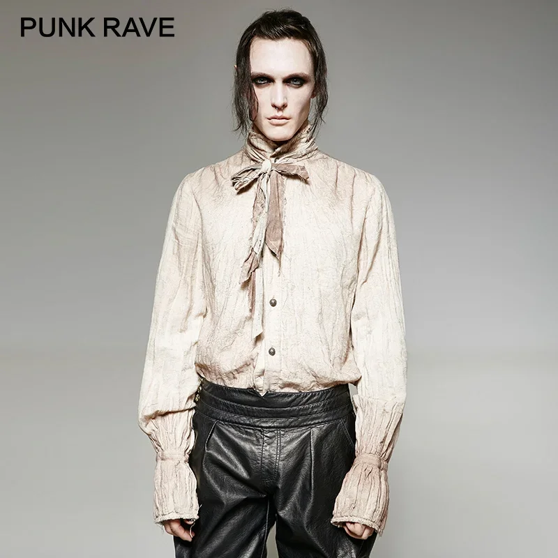 PUNK RAVE Steampunk Vintage Painting Breathable Linen Tie Men Shirt Retro Do Old Stand-up Collar Shirts Gothic Clothing Blouses