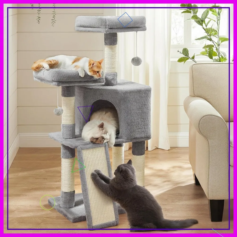 

45.3-Inch Cat Tower with Plush Condo, Scratching Post, Ramp, Perch & Spacious Cave for Small Spaces in Light Gray