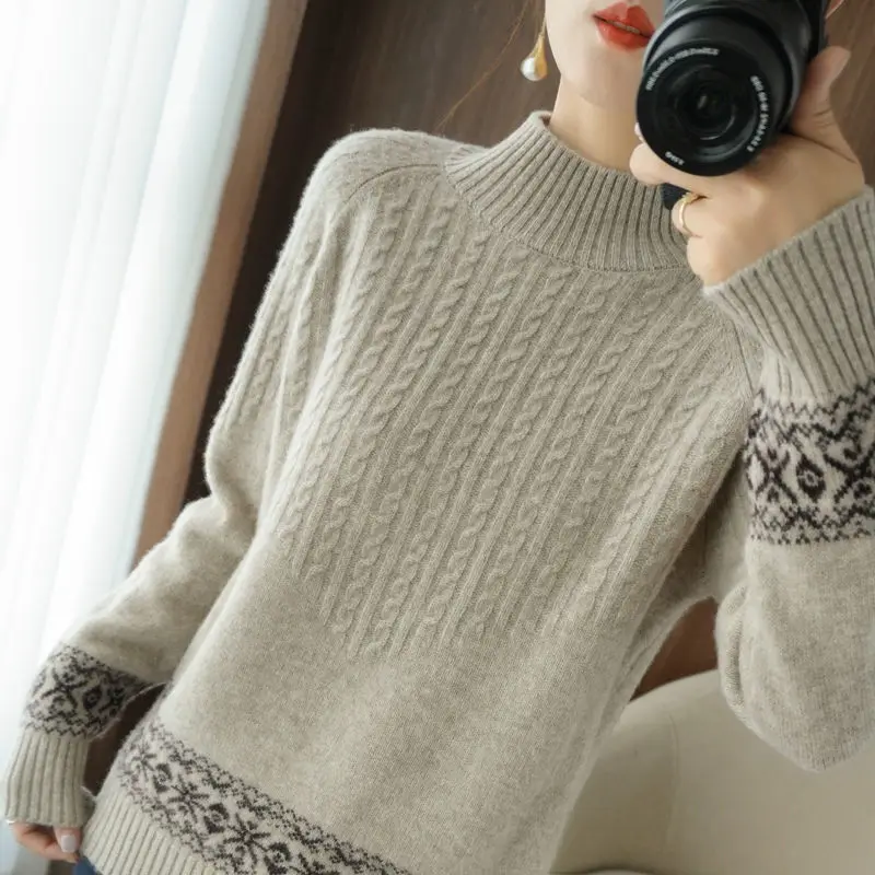 

Женская одежда, свитер с длинными рукавами и геометрическим рисунком, вязаный элегантный контрастный цвет, осенне-зимние универсальные топы с полувысоким воротником