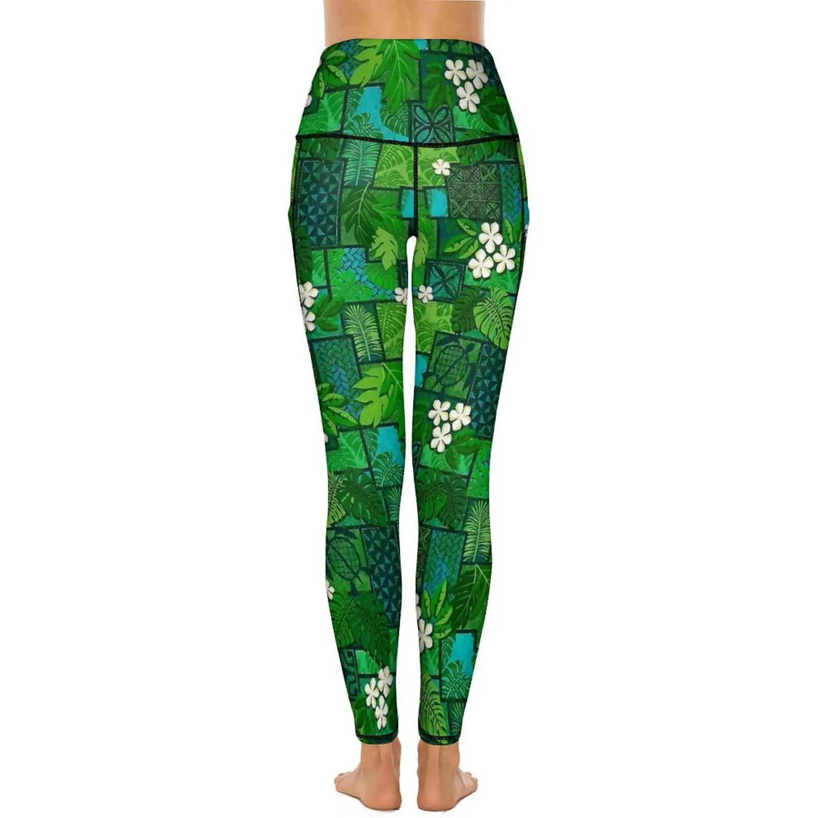 Hawaiian Green Leaf Leggings Sexy White Floral Fitness Yoga Pants Push Up Stretch Sports Tights Pockets Fashion Design Leggins