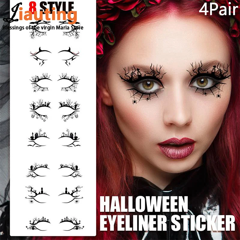 4 Pairs/Bag Halloween Party Make Up Eyeliner Sticker Face Decorations DIY Waterproof Spider Web Horror Disposable Tattoo Sticker