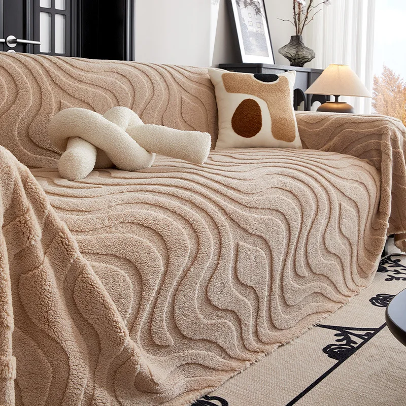 Solid Striped Jacquard Sofa Towel Simple Multi Functional Plush Blanket for Home Office Anti-Scratch Dust Cover for All Seasons