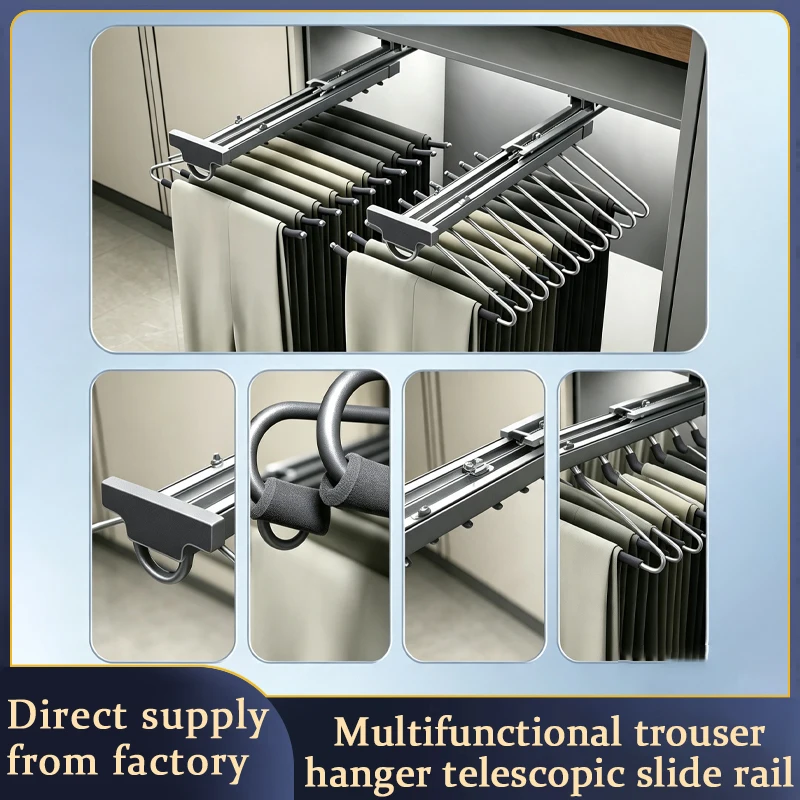 Top Mount Double Row Telescopic Pants Display Rack With Non Slip Dual Slide Rail For Metal Wardrobe Closet Storage Organizer